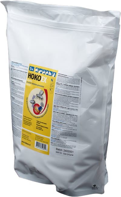 HokoEx – Vliegenlarven Bestrijding – 5 KG – Geschikt voor Dierenverblijven & Afvalwerkingsinstallaties tot 200 m2 – Cyromazine 2% - Strooisel – Veilig voor Stallen – Langdurige Werking - Veelzijdig