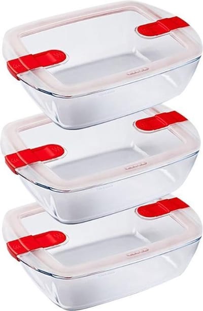 Pyrex - Cook & Heat Schaal 1,1 liter Rechthoek Set van 3 Stuks - Transparant/Rood