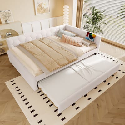 DESMIU Gestoffeerd Bed 140x200cm – Dagbed Met Leeslamp & Oplaadfunctie – Uitrolbed Voor Extra Slaapruimte – Voor Jeugdkamer – Zacht Vliesimitatie – Wit – Zonder Matras