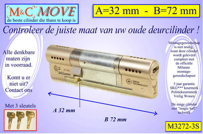 M&C MOVE - High-tech Security deurcilinder - SKG*** - 32x72 mm - Politiekeurmerk Veilig Wonen - inclusief gereedschap MilaNNE montageset