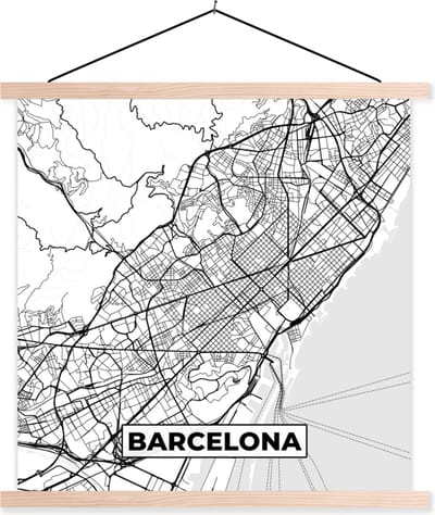 Posterhanger incl. Poster 40x40 cm - Schoolplaat - Kaart - Barcelona - Stadskaart - Plattegrond - Zwart Wit - Textielposter - Blanke latten - Stadskaart