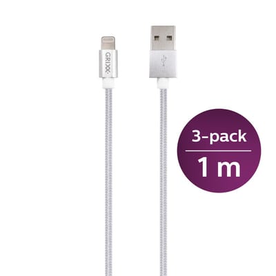 3 stuks 1 meter Grixx Optimum 8-pin Lightning ‑ USB A kabel - iPhone/ iPad/ Airpods/ iPod - Wit - Heavy duty nylon mantel - Voordeelpak