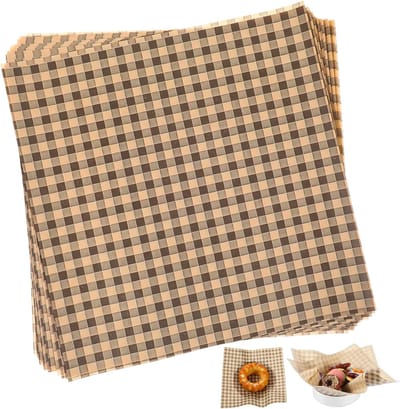 100 stuks gewaxte vellen fijn voedselpapier, 18 cm x 18 cm vetafstotende vierkanten, geruit, voor sandwich- en burgerwraps, bakpapier, inpakvellen voor delicatessen (koffiekleur)