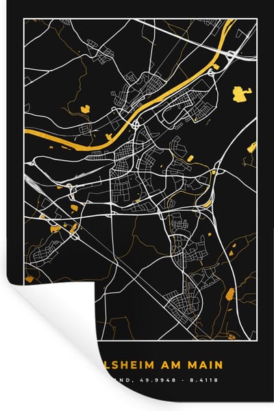 Muurstickers - Sticker Folie - Black and Gold – Stadskaart – Rüsselsheim am Main – Duitsland – Plattegrond – Kaart - 20x30 cm - Plakfolie - Muurstickers Kinderkamer - Zelfklevend Behang - Zelfklevend behangpapier - Stickerfolie