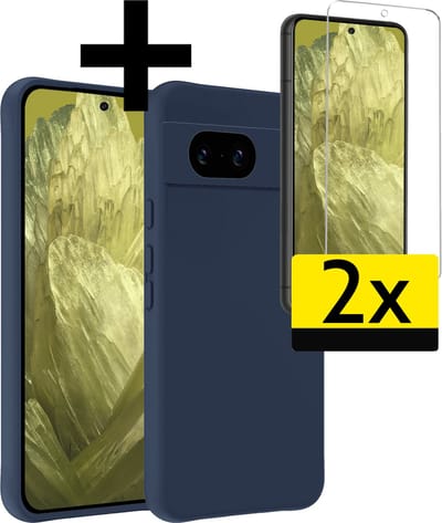 Hoesje - Met 2x Screenprotector - Geschikt voor Google Pixel 8a - Sterk & Shockproof - Back Cover - Siliconen Case - Telefoon Hoes - Telefoonhoesjes - Donkerblauw