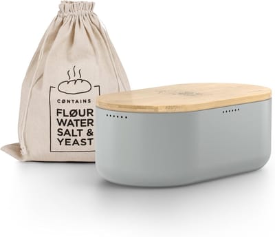 Famanu - Broodtrommel metalen broodopbergdoos met linnen broodzak voor langdurige versheid i broodtrommel met bamboe deksel te gebruiken als snijplank i 36x19x13cm (ash gray) | Luxe opberger, modern design voor keuken en dagelijks gebruik