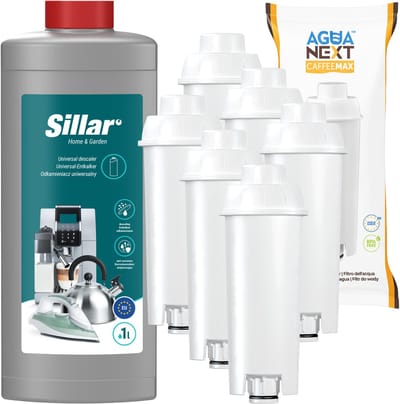 Sillar, 6x waterfilter voor koffiemachines, waterfilterpatroon, vervanging DeLonghi, compatibel met SER3017 / DLSC002 + ontkalker, universal, 1l