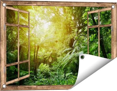 Gards Tuinposter Doorkijk Tropische Jungle met Zonneschijn - 60x40 cm - Tuindoek - Tuindecoratie - Wanddecoratie buiten - Tuinschilderij