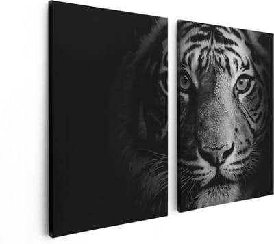 Artaza Canvas Schilderij Tweeluik Tijgerkop - Tijger - Zwart Wit - 80x60 - Foto Op Canvas - Canvas Print