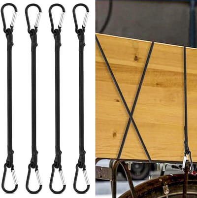 Set van 4x Zwarte Spanbanden met Karabijnhaak - 30 cm Elastische Bungee Koorden voor Lading, Tuin en Kampeergebruik