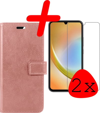 Hoesje Met 2x Screenprotector - Geschikt voor Samsung Galaxy A34 - Luxe Pasjeshouder - Bookcase Portemonee - Flip Case - Kunstleer Book Case - Flipcase Hoes - Book Cover - Walletcase - Portemonneehoes - Rosé goud