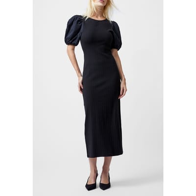 French Connection Sasia Rib Puff Slv Midi Dresss Black Size: XS | Midi Dresses Outlet | Dames | Zwart