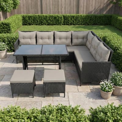 Polyrotan Loungeset 7-Zits Hoekbank met Krukken en Tafel met Glasplaat incl. Kussens Zwart Grijs - Urbanhome