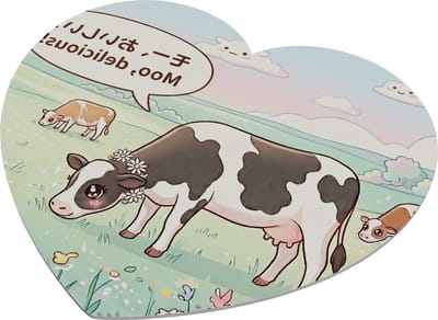 Muismat Hartvormig Kawaii Koeien – Japans Thema Moo Delicious – Weide Bloemen Landschap – Schattig Dier Cadeau voor haar: Vriendin & Collega – Hartvormige Muismat Meisjes – Grappige Kantoor Gadget – Anime Koe – Boerderij Illustratie