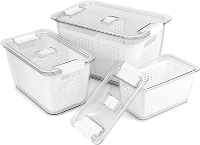 La'Moussawi ® Organiseer en Bewaar: Complete Set van 3 Herbruikbare Keukenopbergdozen met Vergiet en Deksel