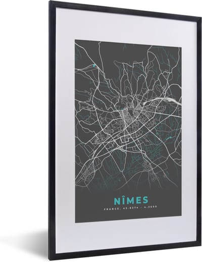 Fotolijst incl. Poster - Frankrijk - Stadskaart - Kaart - Plattegrond - Nîmes - 40x60 cm - Posterlijst