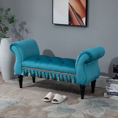 OKWISH Zitbank 117 x 40 x 58 cm - Luxe Gevoerde Polsterbank Met Vintage Uitstraling - Voor Woonkamer, Slaapkamer Of Hal - Hout En Polyester - Blauw