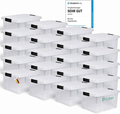 Novaliv 20x opbergdozen met deksel 27L transparante nestbare stapelbare opbergdozen met clipsluiting kunststof doos BPA-vrij 46,5x36,5x24 cm