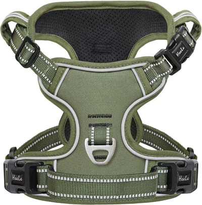 Hondenharnas, hondenharnas voor grote honden, nekvrijgave, clips voor aan de voorkant, achterkant, instelbaar, reflecterend, anti-trek-hondenharnas met gevoerde handgreep, groen, XL