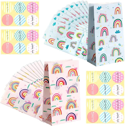 Kleurrijke 20-delige Feesttassen voor Kinderen met Stickers - Leuke Papieren Candy Bags voor Verjaardagsfeestjes en Feestjes (Blauw & Roze)