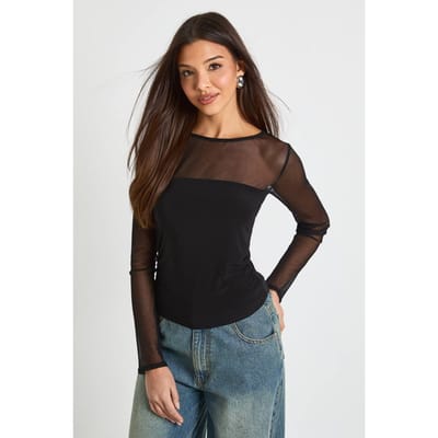 boohoo Dames Meshpaneel vooraan top met lange mouwen | Zwart | Maat: 36
