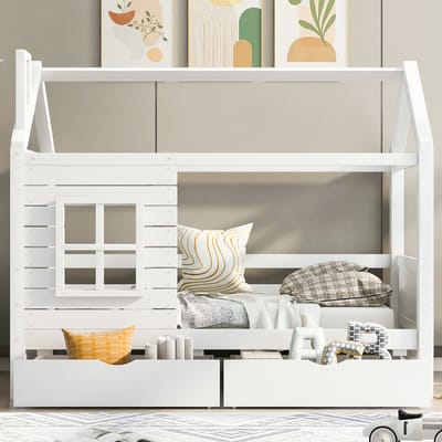VVBV Huisbed 90x200 cm met Lattenbodem, Uitvalbeveiliging - Huisdesign, Voor Kinderen/Tieners, USB - Massief Hout Wit