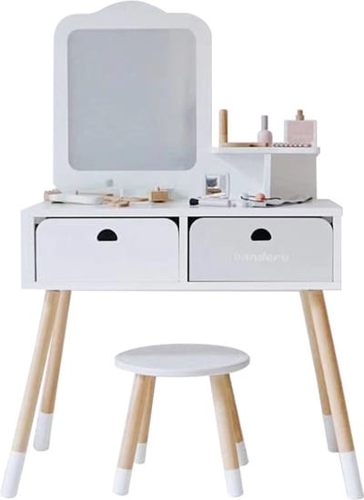 Buxibo Montessori Kaptafel - Kaptafelset Hout met Kruk en Spiegel - Kinder Bureau - Make Up Speelgoed Tafel - Wit