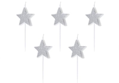 PARTYDECO - 5 Verjaardagskaarsen op Glitterende Zilveren Sterprikkers 3,5 cm