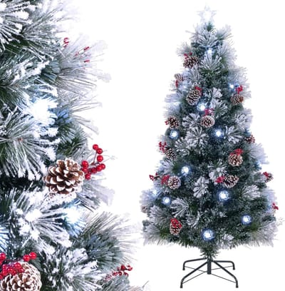 COSTWAY Kunstkerstboom met verlichting, dennenboom met sneeuw en koudwitte leds, glasvezel en stervormige punt, 8 modi, kerstboom met dennenappels en rode bessen, groen + wit (180 cm)
