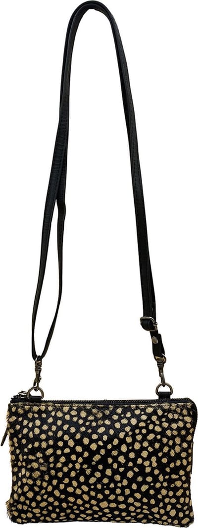 Leren Crossbody Tasje Zwart - Vacht Met Cheeta Print – Schoudertasje Leer Met Dierenprint – Maat S