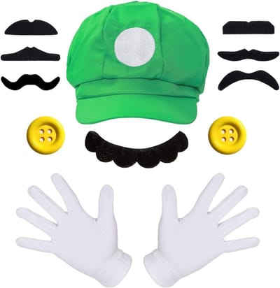Rode en Groene Kostuumaccessoires: Hoed, Handschoenen, Baard en Gele Knopen voor Carnaval, Halloween en Cosplay Feestjes voor Mannen en Vrouwen