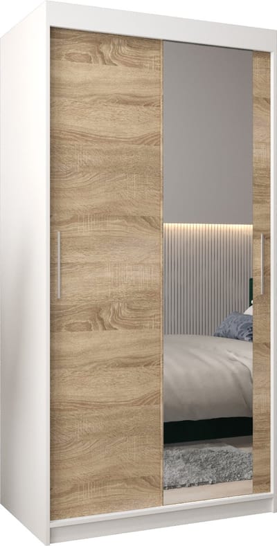InspireMe - Kledingkast met 2 schuifdeuren, Modern-stijl, Kledingkast met planken (BxHxD): 100x200x62 - TORM II 100 Wit Mat + Sonoma Eik
