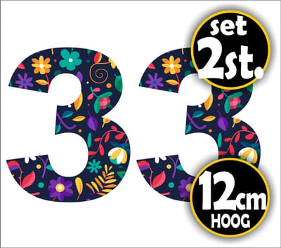 Jerma -nr. - 3 - Bloemprint - Sticker - set 2 st. - 12 cm Hoog - Zelfklevend - Weerbestendig - Vinyl