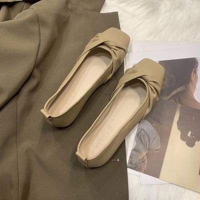 Chaussures plates pour femmes bout carré chaussures bateau plissé sans lacet dames chaussures bureau talons bas chaussures confortables pour les femmes ballerines 35 kaki