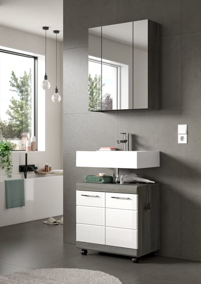 Badcombinatie op wielen in rookzilver en wit - Moderne badkast met wastafel