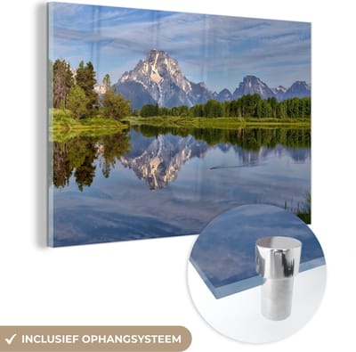 ® Glasschilderij 180x120 cm - Schilderij acrylglas - Weerspiegeling van een groen landschap en het Tetongebergte in het water - Foto op glas - Muurdecoratie woonkamer - Wanddecoratie slaapkamer - Schilderijen