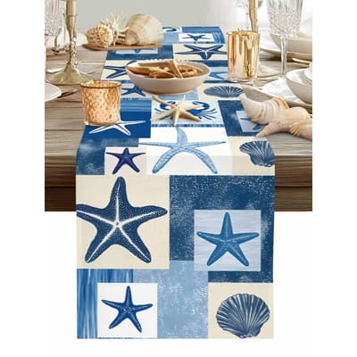 Blauwe Zeester Krab Linnen Tafelkleed Huisdecoratie Wasbaar Zomer Oceaan Schelp Keuken Eettafel Lopers Feestdecoratie 150x33cm