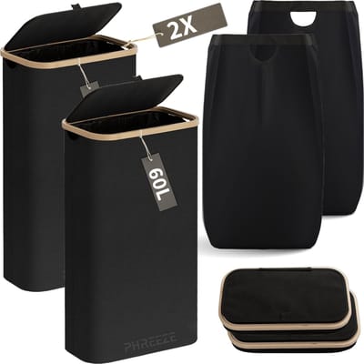 Smalle Wasmand - 60L - 2 Stuks - Wasmanden met Deksel en Waszak - Mand Vuile Was - Opbergmand - Mand - Zwart