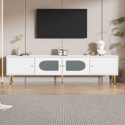 Sweiko TV Kast, 170x35x50cm, Wit lichaam, Gouden poten en handvatten, 2 verticale groefdeuren, 2 gebogen glazen deuren, dragend 35KG, TV kast, TV bord, TV basiskast