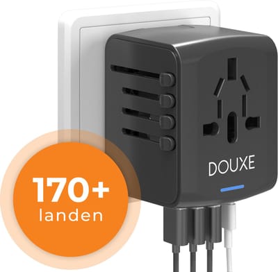 Douxe Reisstekker - Reisstekker 170+ landen - Wereldstekker Adapter - Travel Adapter - Snel Opladen - Zwart