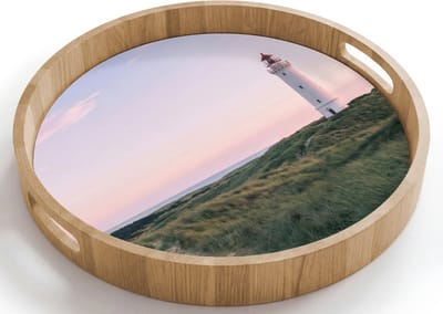 Dienblad rond 40x40 cm - Schootdienblad hout - Vuurtoren - Duinlandschap - Zee - Borrelplank rechthoek - Plateau houten dienbladen
