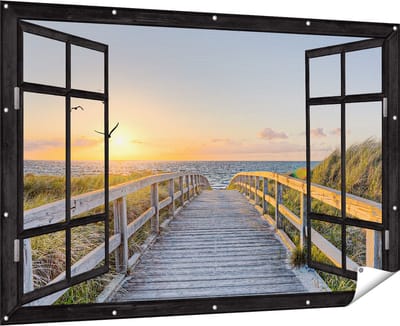 Gards Tuinposter Doorkijk Voetpad met Zee en Vogels - 180x120 cm - Tuindoek - Tuindecoratie - Wanddecoratie buiten - Tuinschilderij