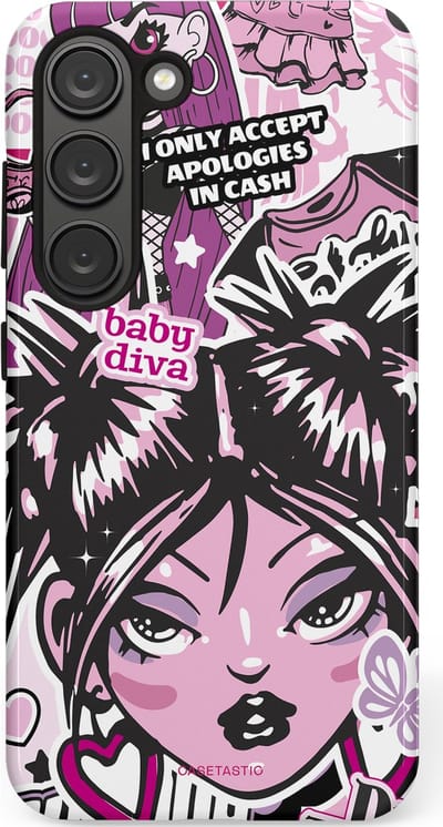 Casetastic hoesje geschikt voor Samsung Galaxy S23 - Dubbellaagse bescherming - Roze Y2K Pop Teen Girly Cash Diva Collage - Fashion Case - Grijs Donkergrijs Wit Lichtroze