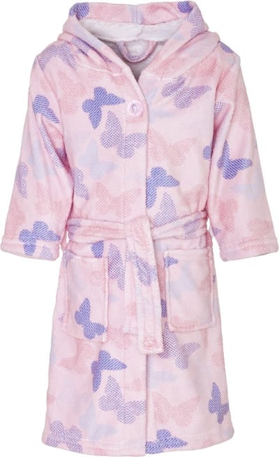 Playshoes - Badjas fleece- Kinderbadjas met capuchon - Vlinders - Roze - Maat 146/152