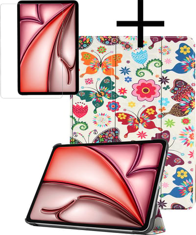 Hoes - Geschikt voor Apple iPad Air (2024/2025/2026) - 11 inch - Met Screenprotector - Trifold Bookcase - Hard Cover - Hardcover Book Case - Tablet Hoesje - Vlinders