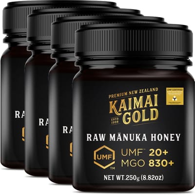 Kaimai Gold MGO 830+ / UMF 20+ Manuka Honing * 1000G (4x 250G) Premium Monoflorale UMF® Gecertificeerde ManukaHoning uit Nieuw-Zeeland # T.h.t. 20-07-2028 # MGO 600 625 = UMF 16, 696 700 720 = UMF 18, 800 820 = UMF 19, 829 850 = UMF 20, 1000 = UMF 22