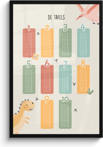 Poster in lijst - Fotolijst 60x90 cm - Posters - Tafels van vermenigvuldiging - Educatief - Leren rekenen voor kinderen - Cijfers oefenen - Dinosaurus - Posterlijst zwart - Kamer decoratie - Wanddecoratie kinderkamer - Muurdecoratie babykamer