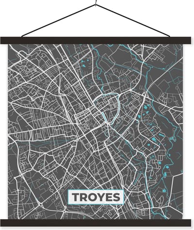 Posterhanger incl. Poster 60x60 cm - Schoolplaat - Troyes - Frankrijk - Plattegrond - Kaart - Stadskaart - Textielposter - Zwarte latten - Stadskaart