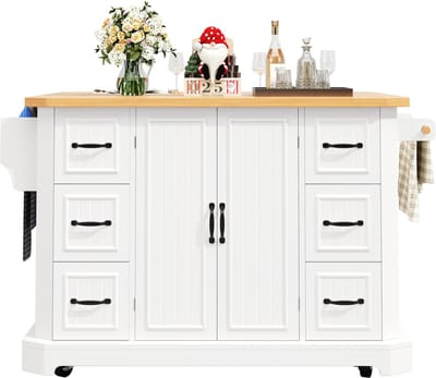 Keukeneiland - 120 x 45 x 91 cm - Mobiel met 6 Lades en 2 Deuren met Rollen - Hout - Wit