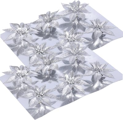 Gerimport Kerstboom bloemen op clip - 12x stuks - zilver - kunststof - kerstornamenten